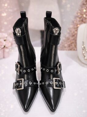 Wild Pair Black Pointed-Toe Buckle & Grommet Ankle Boots